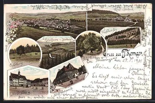 Lithographie Themar, Osterburg, Marktplatz, Dicke Eiche