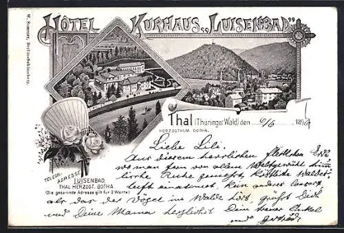 Lithographie Thal /Thüringer Wald, Hotel-Kurhaus Luisenbad, Ortsansicht