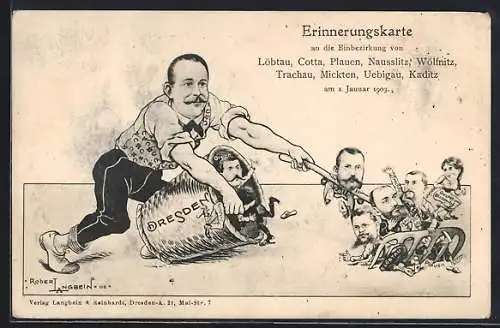Künstler-AK Dresden-Löbtau, Karte zur Einbezirkung v. Löbtau, Cotta, Plauen usw., Karikatur