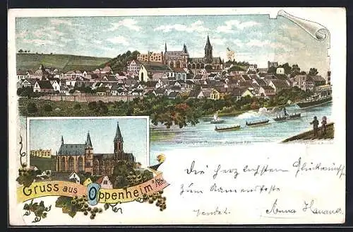 Lithographie Oppenheim, Panorama mit Dampferpartie