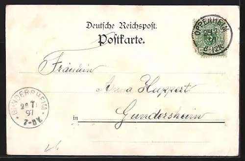 Lithographie Oppenheim, Panorama mit Dampferpartie