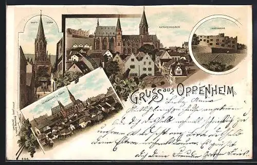 Lithographie Oppenheim, Katharinenkirche im Stadtbild, Landskrone