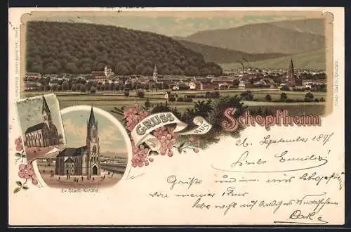 Lithographie Schopfheim, Kathol. Kirche, Ev. Stadt-Kirche, Ortsansicht