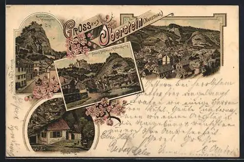 Lithographie Oberstein & Nahethal, Marktplatz & Felsenkirche, Neues Schloss, Totalansicht