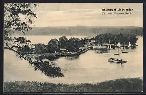 AK Berlin-Grunewald, Restaurant und Insel Lindwerder von oben gesehen