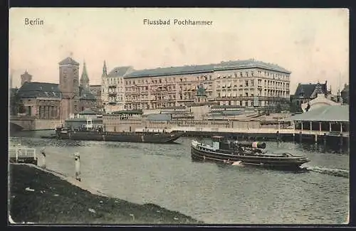 AK Berlin, Flussbad Pochhammer, An der Stralauer Brücke, Dampfer