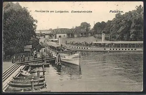 AK Potsdam, Havelpartie am Lustgarten mit Eisenbahnbrücke