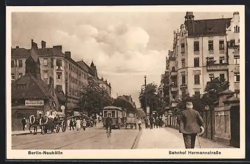 AK Berlin-Neukölln, Bahnhof Hermannstrasse, Strassenbahn