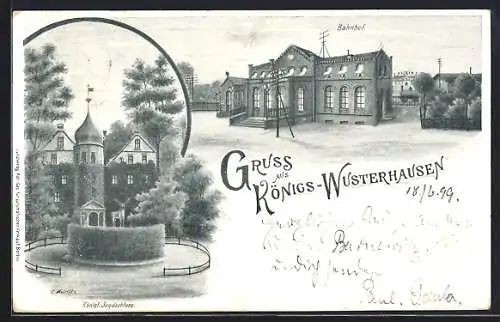 Lithographie Königs-Wusterhausen, Königl. Jagdschloss, Bahnhof