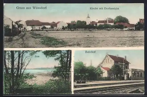 AK Wünsdorf, Bahnhof, Ortsansicht mit Kirche, Partie am See