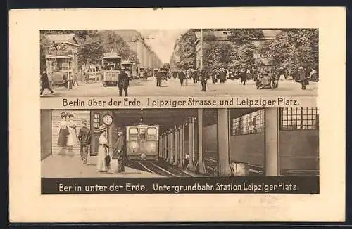 AK Berlin, U-Bahnhof Leipziger Platz und Strassenbahnen in der Leipziger Strasse