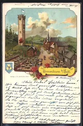Lithographie Suhl, Gasthof mit Biergarten am Bismarckturm
