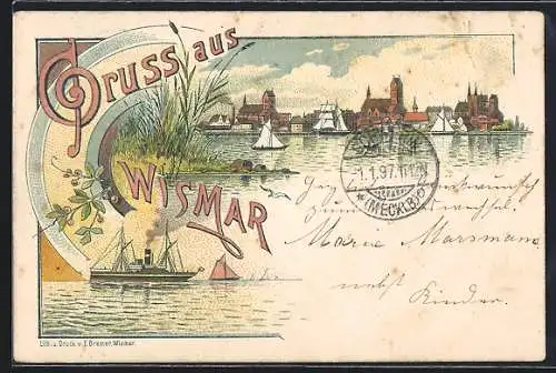Lithographie Wismar, Ortspanorama mit Uferpartie