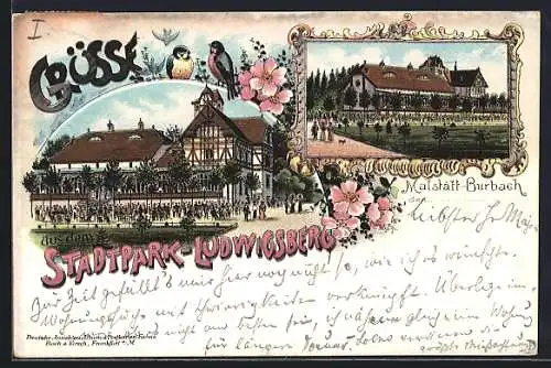 Lithographie Malstatt-Burbach, Gasthaus Stadtpark-Ludwigsberg mit Gästen