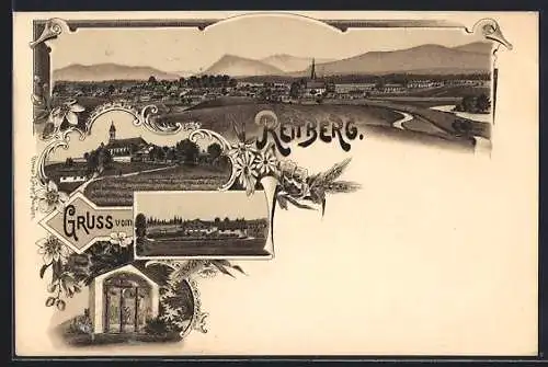 Lithographie Reitberg, Blick zur Kirche, Panoramablick auf den Ort und ins Land