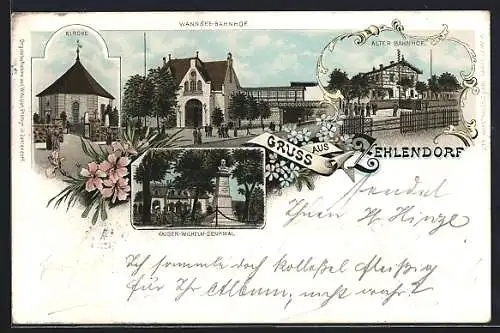 Lithographie Berlin-Zehlendorf, Wannsee-Bahnhof, Alter Bahnhof, Kaiser-Wilhelm-Denkmal