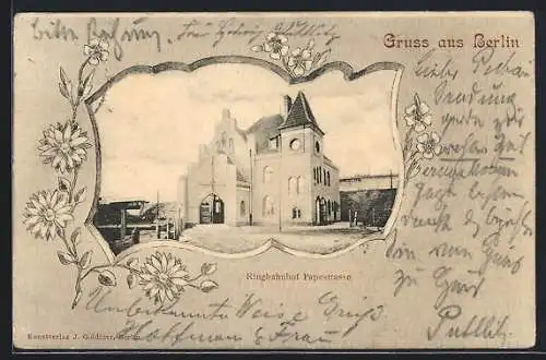 AK Berlin, Ringbahnhof Papestrasse im Blumen-Passepartout, heute Bahnhof Südkreuz