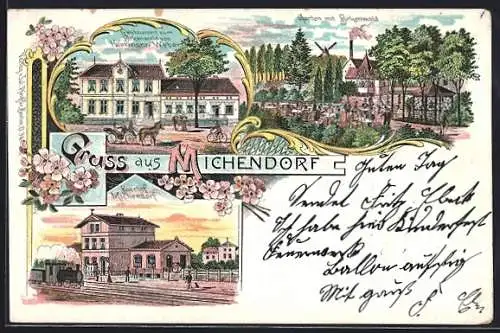 Lithographie Michendorf, Restaurant zum Birkenwald v. Herrmann Weber mit Gartenwirtschaft, Bahnhof