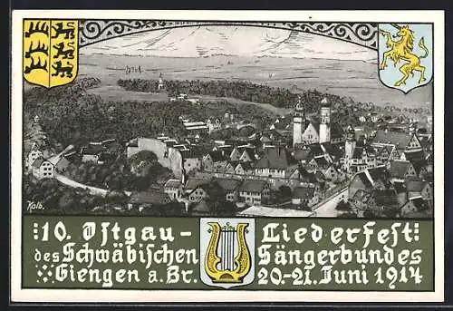 AK Giengen a. Br., 10. Ostgau-Liederfest des schwäbischen Sängerbundes 1914, Panorama mit Wappen und Leier