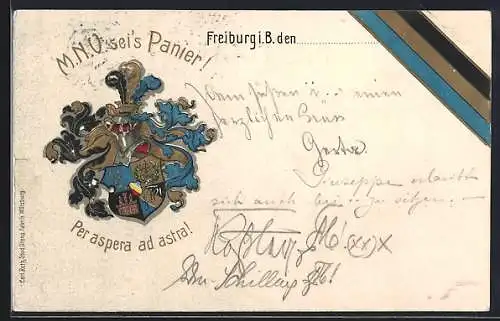 AK Freiburg i. Br., Studentenwappen, Fahne und Motto, M. N. U. sei`s Panier