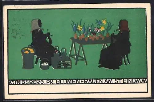 Künstler-AK sign. Gertrud Schadwinkel, Kunstgew. Lehrwerkst. O. Ewel: Königsberg, Preussische Blumenfrauen am Steindamm