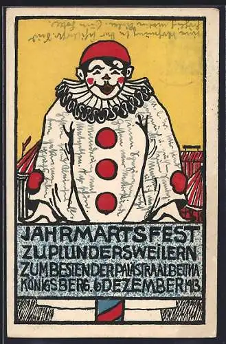 Künstler-AK sign. Hertha Beutler, Lehrwerkstätte O. Ewel, Königsberg: Plundersweilern, Jahrmarktsfest, Clown