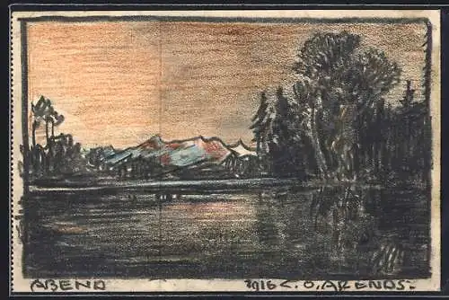 Künstler-AK Handgemalt sign. Carl O. Arends: Idyllischer Bergsee im Abendlicht