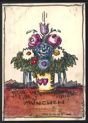 Künstler-AK Handgemalt sign. Carl O. Arends: München, Blumenstrauss in gelber Vase mit Herzmotiv vor Bergpanorama