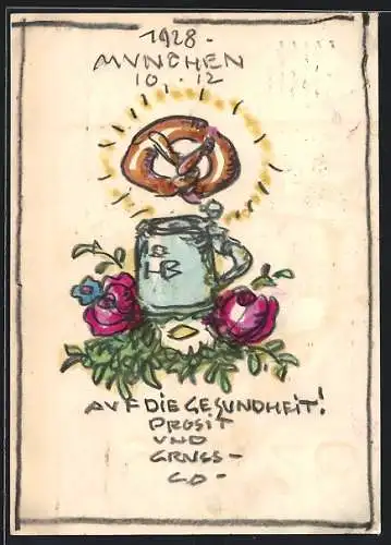 Künstler-AK Handgemalt sign. Carl O. Arends: München, Bierkrug des Münchner Hofbräuhauses mit Brezel und Rosen