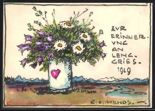 Künstler-AK Handgemalt sign. Carl O. Arends: Gries, Blumenstrauss in weisser Vase mit Herzmotiv vor einer Berglandschaft