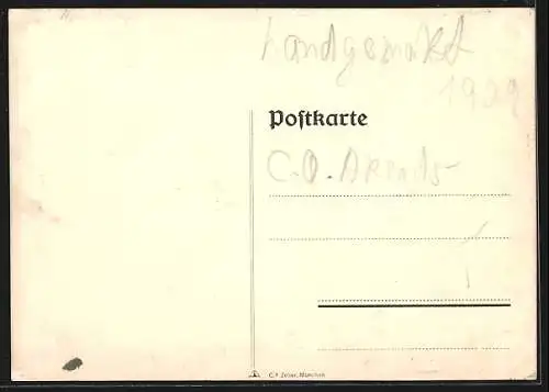 Künstler-AK Handgemalt sign. Carl O. Arends: Gries, Blumenstrauss in weisser Vase mit Herzmotiv vor einer Berglandschaft