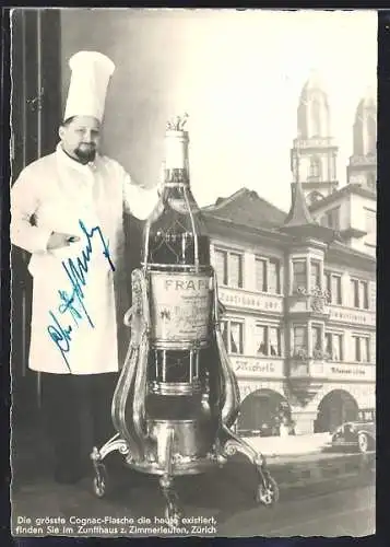 AK Zürich, Restaurant Zunfthaus zur Zimmerleuten, Limmatquai 40, grösste existierende Cognacflasche und Koch