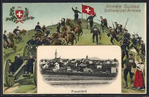 Präge-AK Frauenfeld, Ortsansicht, Soldaten der Schweizer Armee stürmen eine Anhöhe