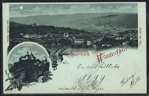 Mondschein-Lithographie Winterthur, Schloss Kyburg, Panorama