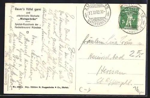 AK Zürich, Bauers Hotel garni und altbaierische Bierhalle Metzgerbräu
