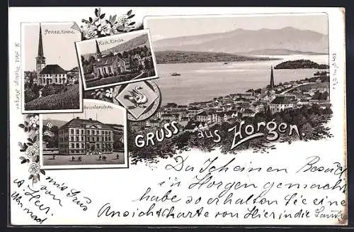 Lithographie Horgen, Secundarschule, Protest. u. kath. Kirche, Wappen, Ortsansicht mit Wasser- u- Bergblick