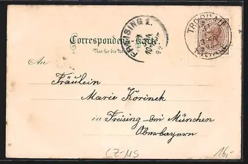 Lithographie Troppau, Bahnhofstrasse, Lehrer- und Lehrerinnen-Bildungsanstalt mit Kaiser Franz-Josef-Museum