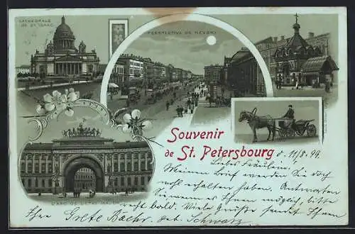 Mondschein-Lithographie St. Petersbourg, Perspective de Nevsky, Cathedrale de St. Isaac