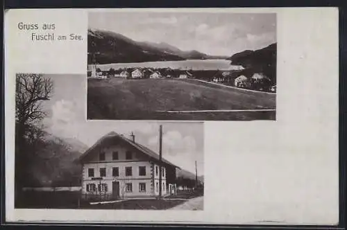 AK Fuschl am See, Gebäude, Panoramablick auf Ort und See