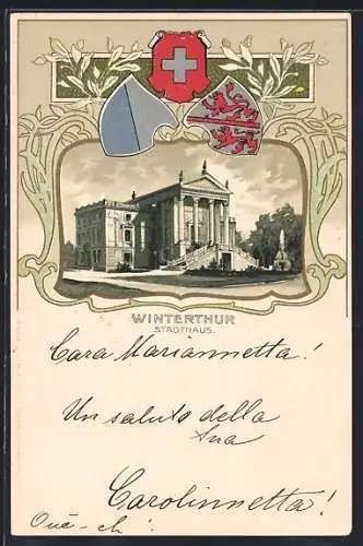 Lithographie Winterthur, Stadthaus mit Wappen