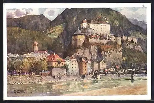 Künstler-AK Kufstein, Partie mit Brücke u. Burg