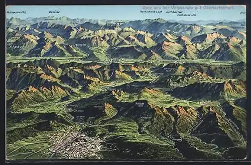 AK Graz, Ortspanorama aus der Vogelschau mit Obersteiermark