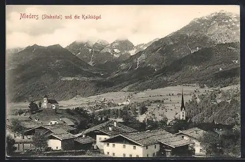 AK Mieders, Ortsansicht im Stubaital mit Kalkkögel