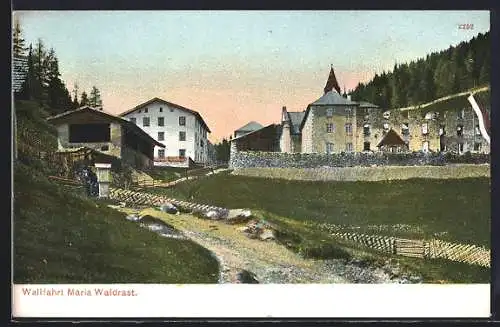 AK Maria Waldrast, Ortsansicht mit Kirche und Ruine