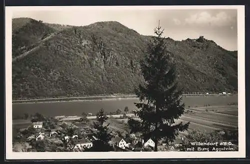 AK Willendorf a. d. D., Ortsansicht mit Donau u. Burg Aggstein