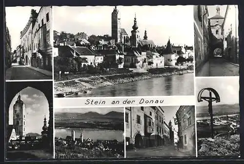 AK Stein an der Donau, Strassenpartien, Wegkreuz, Panorama vom Wasser