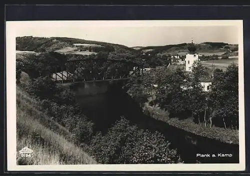 AK Plank a. Kamp, Brücke und Kirche aus der Vogelschau