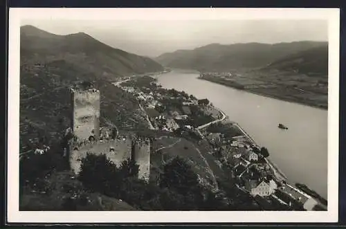 AK Spitz a. d. Donau, Gesamtansicht mit Burg und Donau aus der Vogelschau