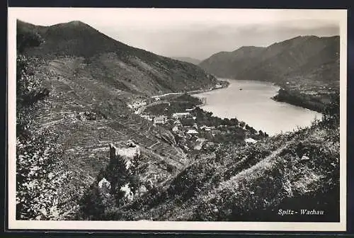 AK Spitz /Wachau, Gesamtansicht mit Burg, Donau und Bergpanorama aus der Vogelschau