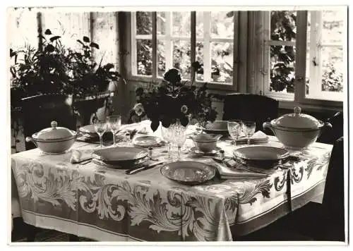 9 Fotografien Wilhelm Sturm, Ansicht Karlsbad, Edles Porzellan im Laden präsentiert, Porzellanmaler bei der Arbeit